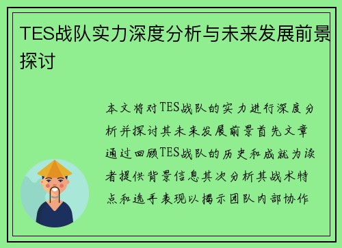 TES战队实力深度分析与未来发展前景探讨